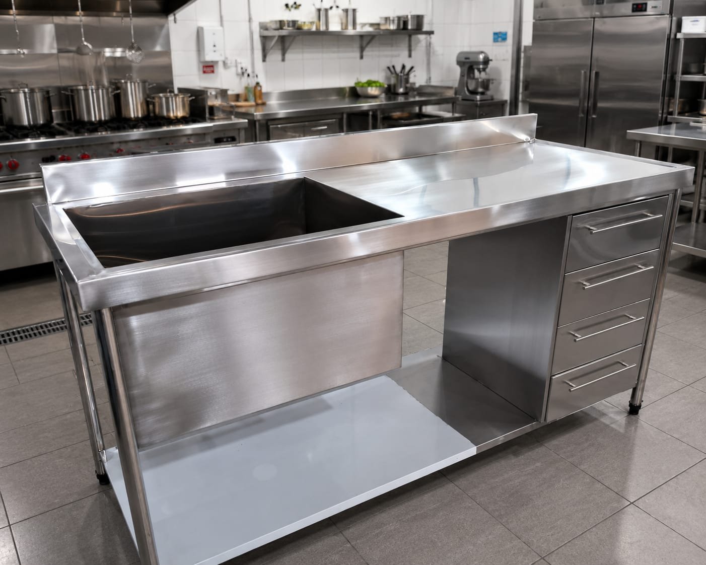 Bancada de inox com cuba, pia e tanque sob medida